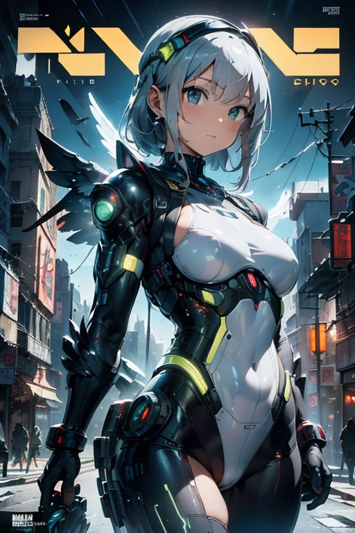 masterpiece, (best quality), (ultra-detailed), (ultra-realistic:1.2), landscape, sci-fi, transistorpunk, cyberpunk, biopunk, (magazine cover:1.4), (gray, white), female huge robot, visor, earring, mechanical angel wings on the back, angel wings, future town, dynamic pose, dynamic angle, small breasts, luxury, (gold, silver, green), neon