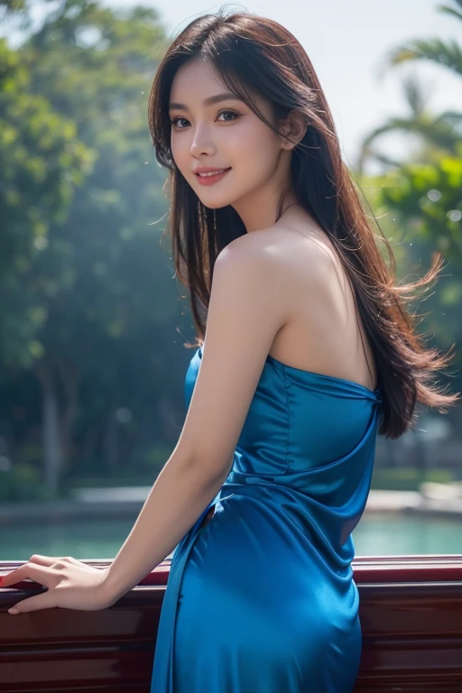 best quality, beautiful mature Indonesian girl, blue transparent satin dress mixed with blood red, passionate gaze with a sweet smile, dynamic perfection, smooth, sharp focus, illustration, art, facial details, 4k, heavenly palace background, brownish blue eyes