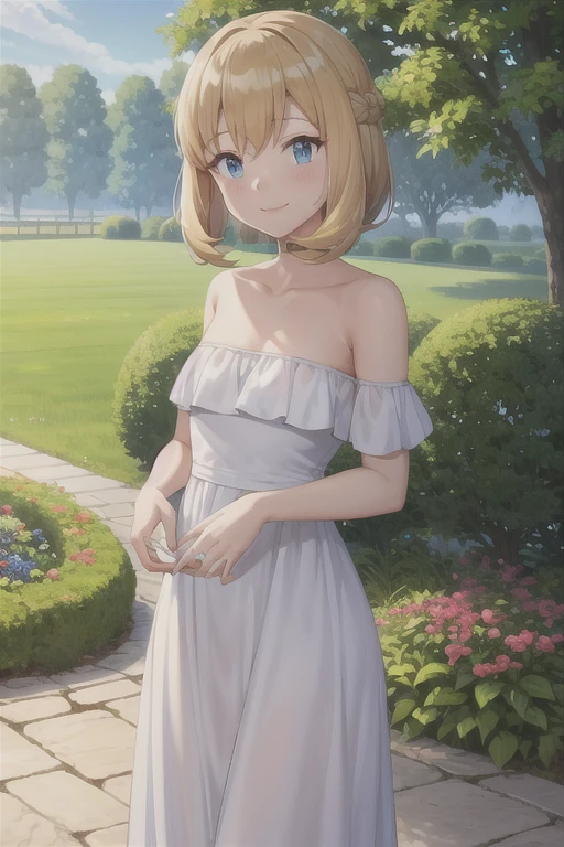 best quality, masterpiece, pokemovies, \(pokemon\), outdoors, small breasts, 1 girl, Solo, Blue Eyes, Beautiful Detail Blue Eyes, best lighting. Blonde Medium Hair, Short Hair, Bangs, Good hands are down, Smile, Blushing, Bare Neck, Bare Shoulders, strapless, White Ruffle Off-the-Shoulder maxi dress. Standing up. Cowboy shot. A landscape of blue skies, a garden, trees, fields, and a mansion. In the center.
