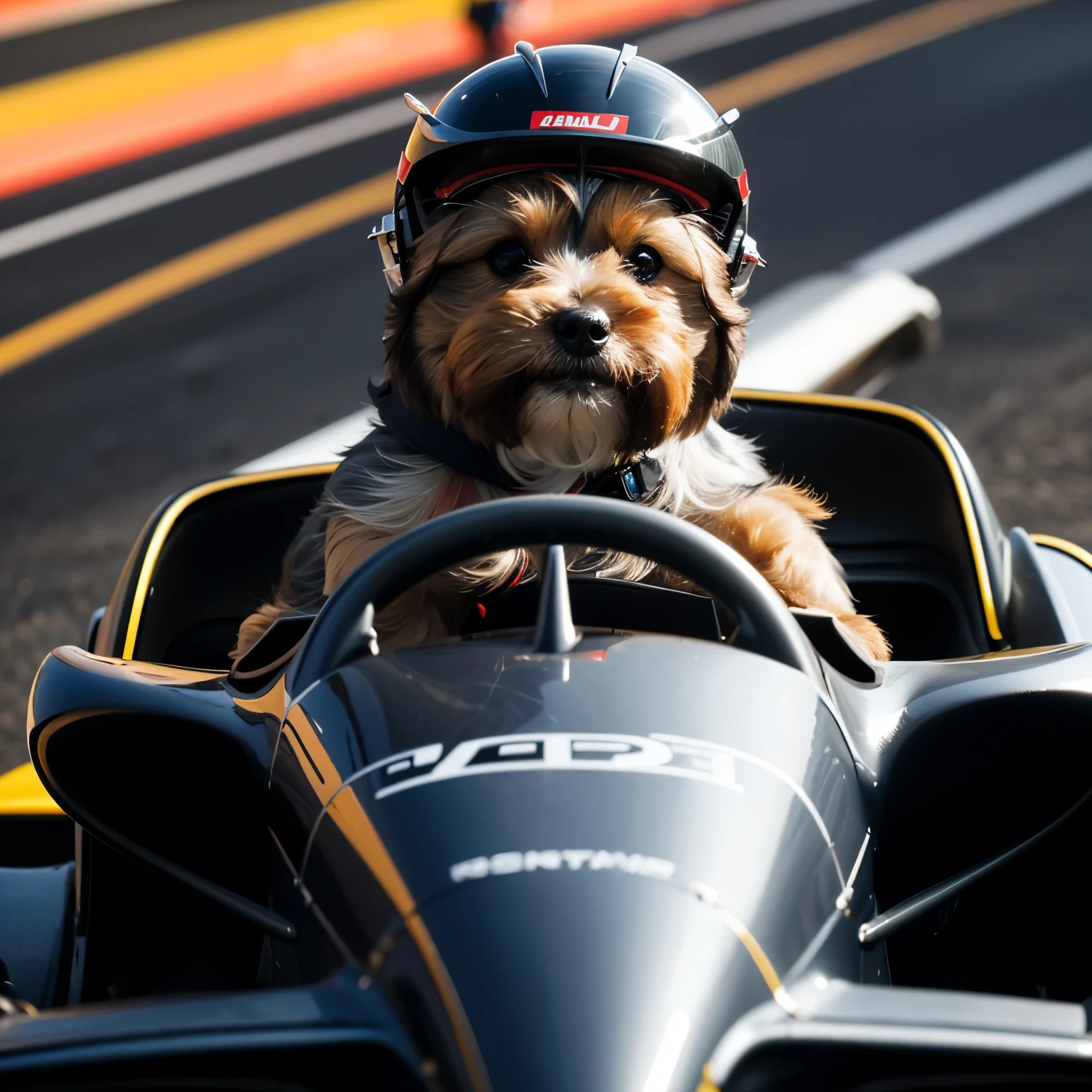 (((masterpiece))), (((best quality))), (((From the front))), (((Driving a Formula Car))), (( steering wheel)), ((Yorkshire terrier sitting on the cockpit)), Sharp eyes, helmet, black的夹克, black, Speed Lines, Current, spiral wind, Neon, dust, spark, Fragments, Solitary,