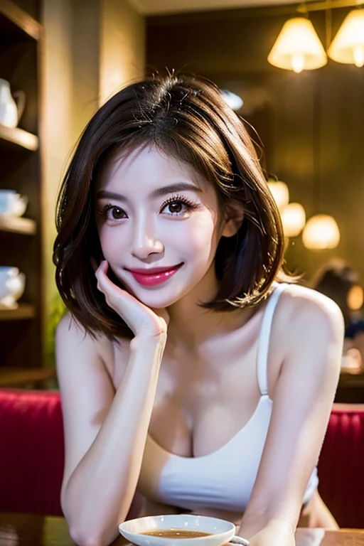 ((highest quality)), ((masterpiece)), (familiar), Perfect Face, masterpiece、highest quality、High resolution、wallpaper、Realistic、Bright lighting、Professional Lighting、Face Light、Smooth lighting、Japanese women、20th Gen Midplate、so beautiful、Beautiful Skin、Beautiful and detailed、familiar顔、slim、moderately、short hair、Brunette colored hair、Brown eyes、Looking at the camera、Cafe sofa、 commercial photography, Beautiful Instagram influencer girls, The best smile,Daytime、camisole