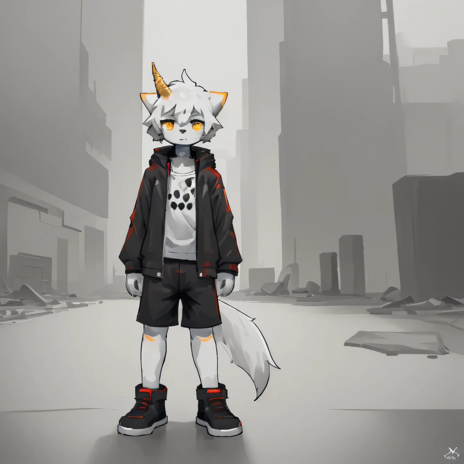 Little Boy,one person,White fur boy,Large broken horn,Golden Eyes,Canine ears,tail,personification,Black coat,Shorts,Cyberpunk Fashion,Furry,Ruined City,Debris of a collapsed building,Monochrome World,masterpiece,Cute design