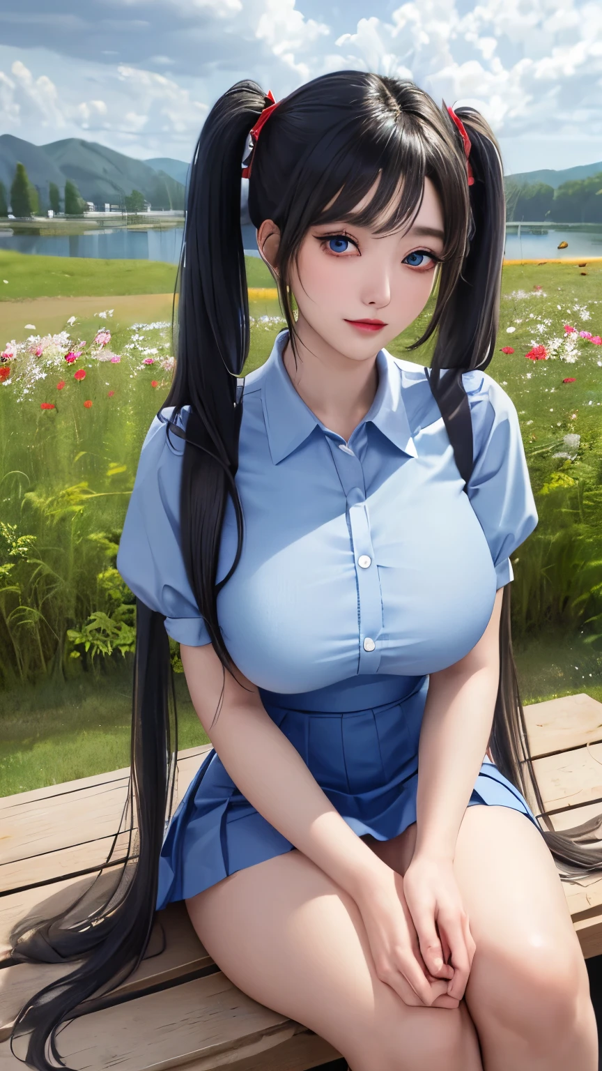 RAW, 1girl, solo, colorful, (masterpiece, best quality:1.3), (absurdres:1.3), (photorealistic:1.3), (detailed skin:1.3, detailed face:1.3), sitting, looking at viewer,
sharp focus, delicate, (beautiful cute korean_girl:1.3), (ulzzang-6500:0.2),
(huge breasts:1.3, thick thighs:1.2, narrow :1.1),
(shiny skin:1.4), light smile,
(Blue_very_long_twintails:1.3),(big_eyes:1.2, blue_eyes), (brown_gloss_eyeshadow:1.2), red_lips,
Red frilled shirt, white_suspender skirt,
willow, wooden bench, flower, grass, lake, (cloudy sky:1.3), (rain:0.5), blossom garden, black hair, blue shirt