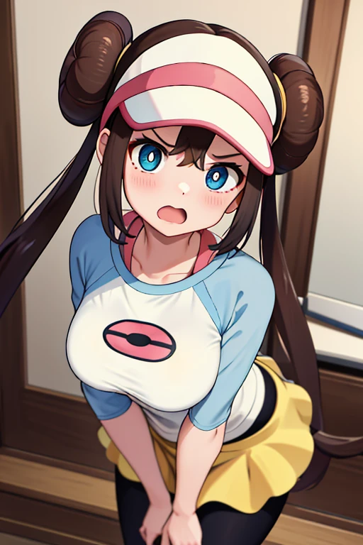nsfw, nsfw, nsfw, angry, masterpiece, highest quality, High resolution, RO1, Hair Bun, blue eyes, Twin tails, Visor Cap, pantyhose, Raglan sleeves, Yellow shorts, shirt, Pink ribbon, clock, Leaning forward, Gym, squat, 30 denier soft touch comfortable tights, See-through, squat, Leg spread, Thighs, Attractive thighs,