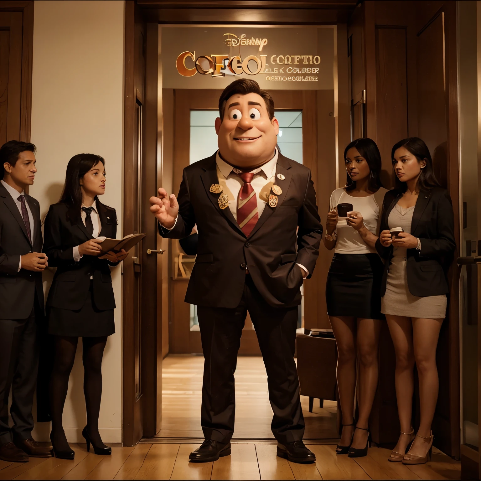 Poster promocional de Disney Pixar, with title, Jerico, a coffee bean dressed in a tie giving a speech in court to other coffee beans and chocolate, ochubas,