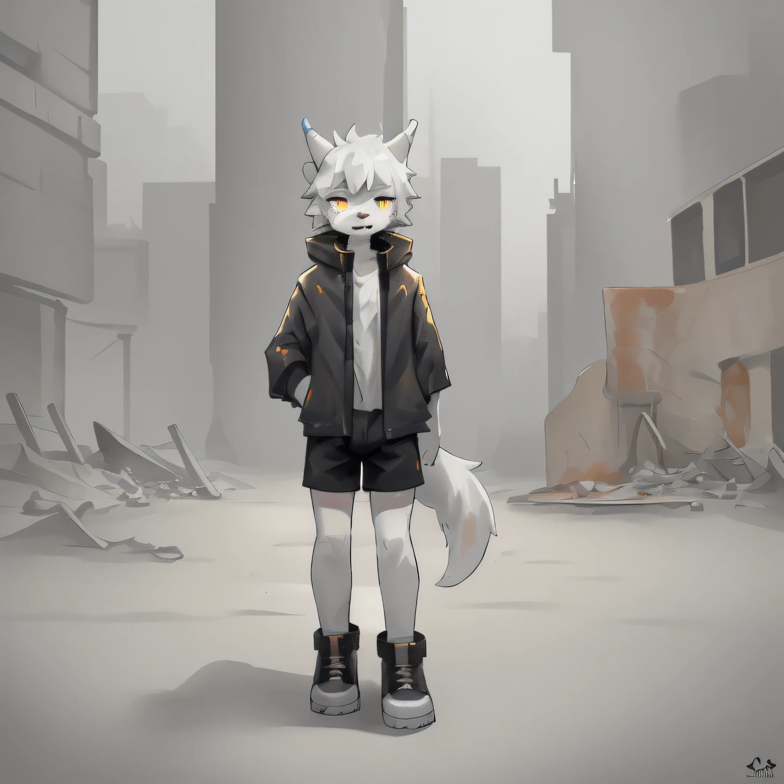 Little Boy,one person,White fur boy,Large broken horn,Golden Eyes,Canine ears,tail,personification,Black coat,Shorts,Cyberpunk Fashion,Furry,Ruined City,Debris of a collapsed building,Monochrome World,masterpiece,Cute design