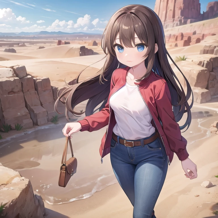 A Pretty Girl, with Long Dark-Brown hair, Beautiful Blue eyes, wide hips, medium Breasts, and is slightly muscular. Wearing a Red Shirt, worn Jeans with a Leather Belt, and Dark-Grey Boots. She is walking in the Desert, so her clothes are dusty and have a little sand on them.