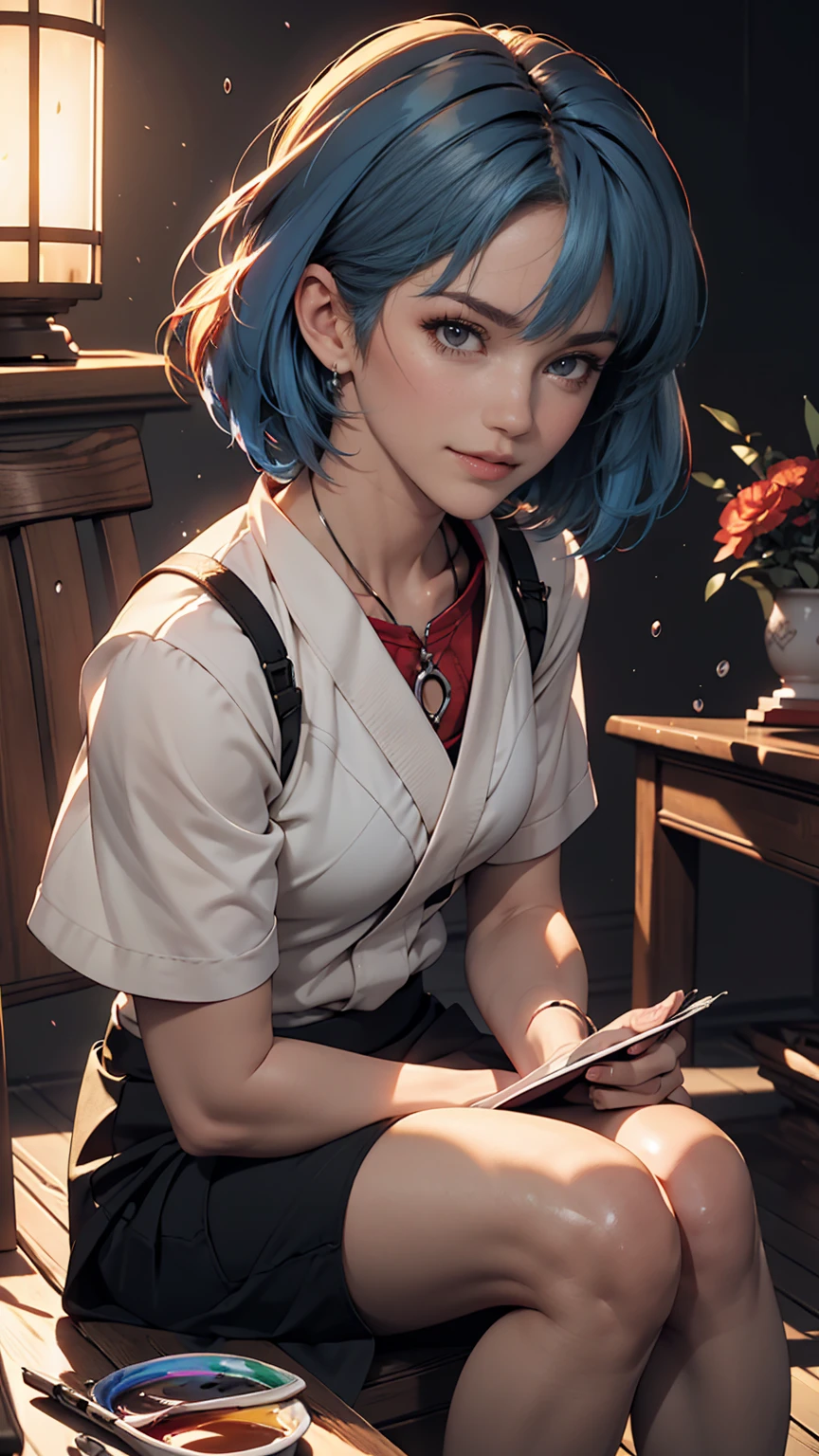 A masterpiece portrait of smiling Rei Ayanami (Evangelion), Evangelion (Hideaki), Caustics, High resolution illustrations, Red eyes, feminine, No students, Blue Hair, short hair, japanese , loafers, Spank, Synthwave, paint Splashs, Shaded flat illustration, Digital Art, Trending on Artstation, Very detailed, The finer details, Complex, Splash, Overtake, Vaporware, Neon color