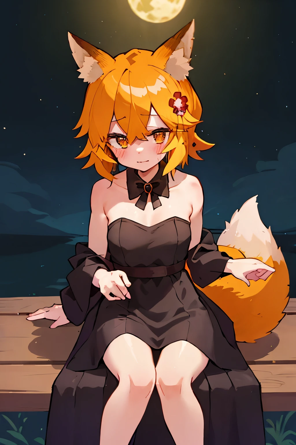 masterpiece, best quality, highly detailed, sen, animal ears, fox ears, fox girl, fox tail, hair flower, hair ornament, orange eyes, orange hair, short hair, tail, blush, looking at viewer, , girl, small breasts, detailed hands, keqing (opulent splendor) (genshin impact), official alternate costume, dress, night, strapless dress, looking at viewer, cleavage, black dress, strapless, bare shoulders, bangs, bow, detached collar, ribbon, double bun, two-tone dress, hair ornament, black bow, hair ribbon, blue dress, bowtie, sitting on bench