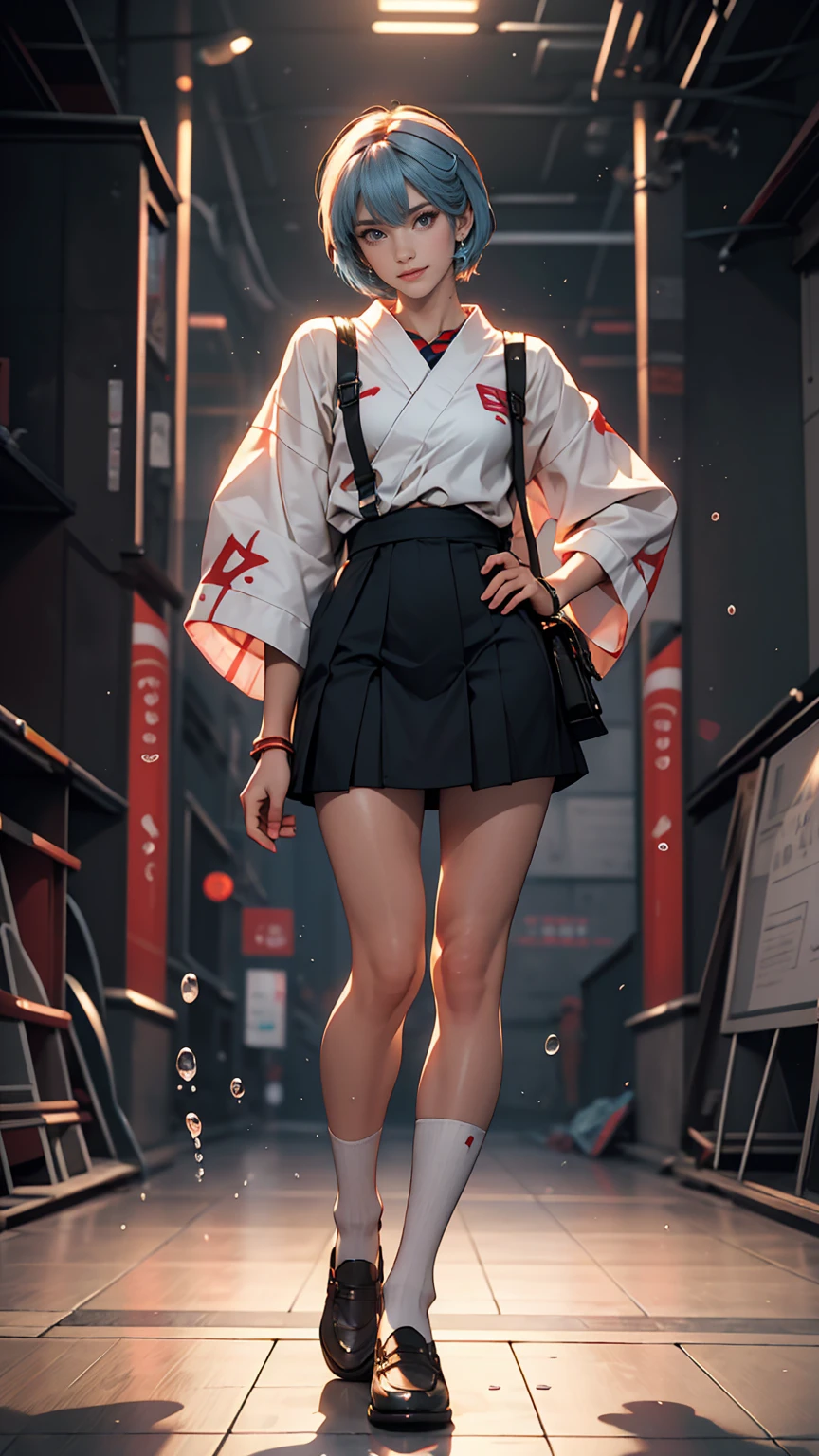 A masterpiece portrait of smiling Rei Ayanami (Evangelion), Evangelion (Hideaki), Caustics, High resolution illustrations, Red eyes, feminine, No students, Blue Hair, short hair, japanese , loafers, Spank, Synthwave, paint Splashs, Shaded flat illustration, Digital Art, Trending on Artstation, Very detailed, The finer details, Complex, Splash, Overtake, Vaporware, Neon color