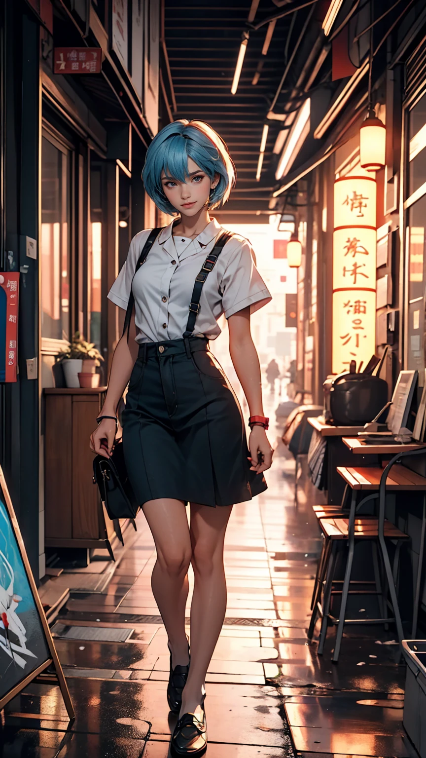 A masterpiece portrait of smiling Rei Ayanami (Evangelion), Evangelion (Hideaki), Caustics, High resolution illustrations, Red eyes, feminine, No students, Blue Hair, short hair, japanese , loafers, Spank, Synthwave, paint Splashs, Shaded flat illustration, Digital Art, Trending on Artstation, Very detailed, The finer details, Complex, Splash, Overtake, Vaporware, Neon color