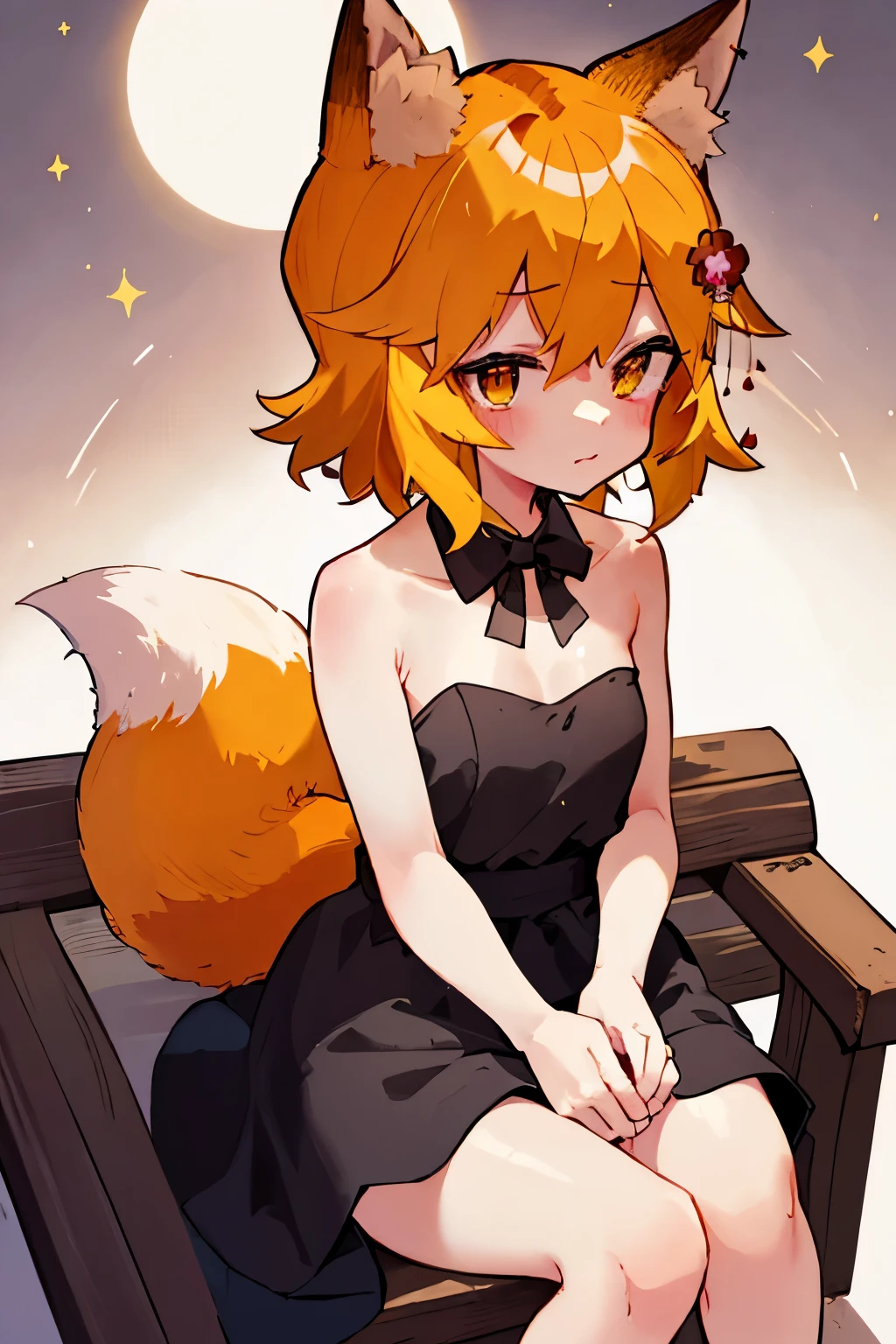 masterpiece, best quality, highly detailed, sen, animal ears, fox ears, fox girl, fox tail, hair flower, hair ornament, orange eyes, orange hair, short hair, tail, blush, looking at viewer, , girl, small breasts, detailed hands, keqing (opulent splendor) (genshin impact), official alternate costume, dress, night, strapless dress, looking at viewer, cleavage, black dress, strapless, bare shoulders, bangs, bow, detached collar, ribbon, double bun, two-tone dress, hair ornament, black bow, hair ribbon, blue dress, bowtie, sitting on bench