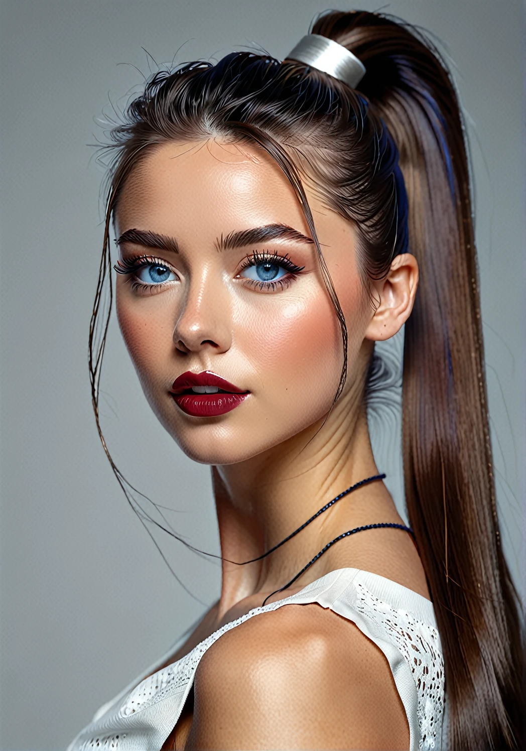 (((Realism; 8k definition capabilities; The main scene is a full view of the person's image taken from a distance with an f/1.2 wide-angle camera; realistic image; woman, normal appearance, contemporary style, blue eyes; light brunette , 38 years old, wears square glasses and long hair styled in a high tied ponytail))); RAW color photo of very high quality and details, double exposure, sharp lines, monochrome background, 50mm, Canon EOS R10 + effect, focus on art by @DrDB, soft lighting, depth of field effect;underground, f2, 35mm, grain film, half-length shot; ((woman's sculptural body, thin abdomen, shaped waist)), small, well-shaped eyes; thin and detailed eyebrows, (dark brown hair long hair styled in a high tied ponytail), very detailed skin texture, slight dimple on the face without makeup, small mouth with burgundy lipstick 1.4, long dress 1.6))), facial features clear)); (((photographic, photographic, photogenic))), candid moment, genuine expressions, detailed facial features, emotional depth (radiant expression; looking at the front of the scene: 1,2), (((completely contrasted background))) clothes more ultra-real: 1.8)), legs in front of each other: 1.4, ((exposed detail: 1.4, full focus on scene position (f/1.2)); Sunlight hitting a forest; Spectacular ambient lighting, luminous colors, cinematic atmosphere, realism style, intricate details in high capture (((Ultra-high resolution, physics-based rendering. ((Many bright and colorful particles are flying: 1.5, backlit)) . full-figured woman, calm appearance, bohemian style, blue eyes;
