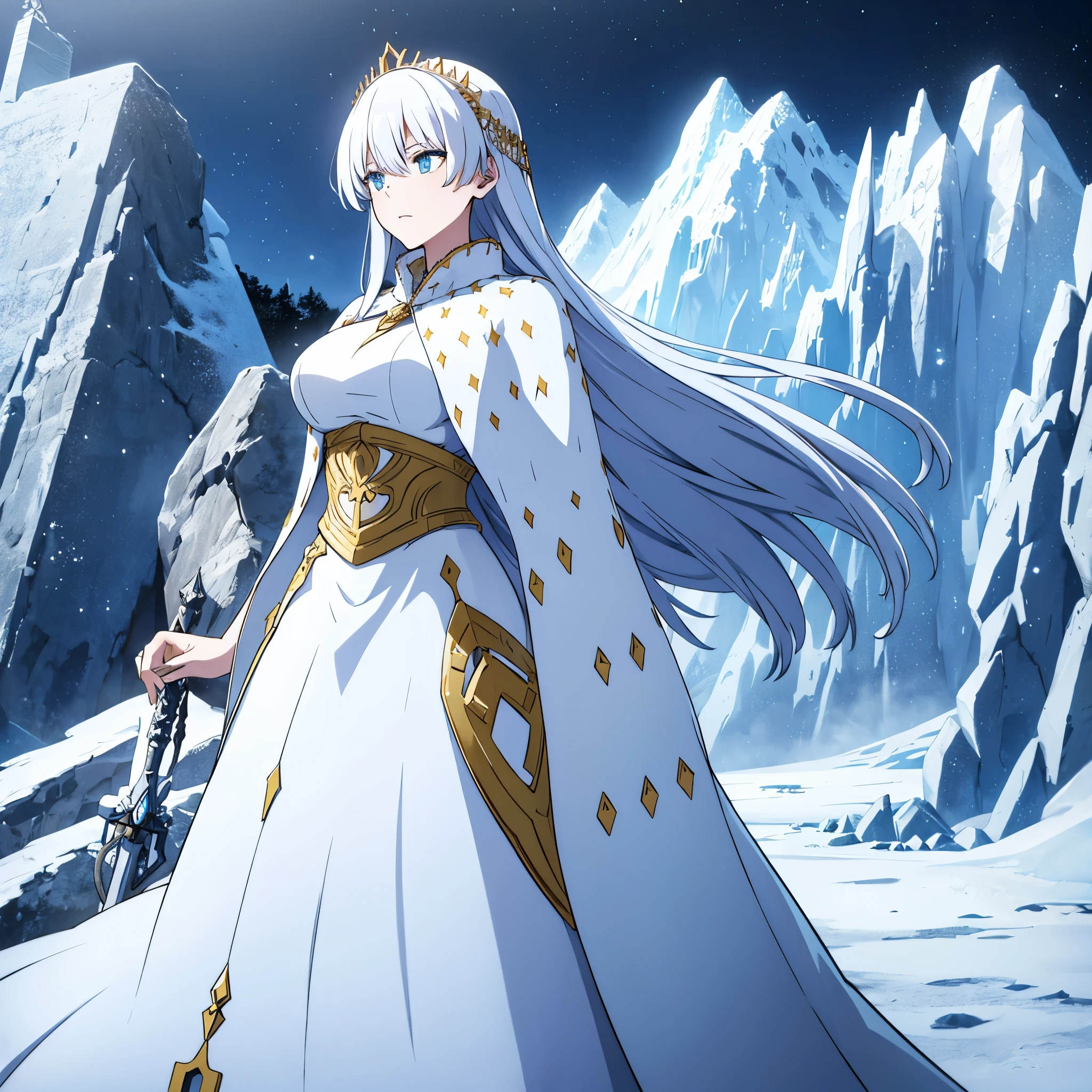 a woman wearing white dress with gold details, long dress, wearing an ice blue fur cape, long bank hair, ice blue eyes, walking at the bottom of an ice castle, winter location with ice mountains in the background, snow fog ice in place, cold expression, big breasts,HDR, masterpiece, well defined, ultra resolution, high quality, 8k HD. (just a woman, solo)
