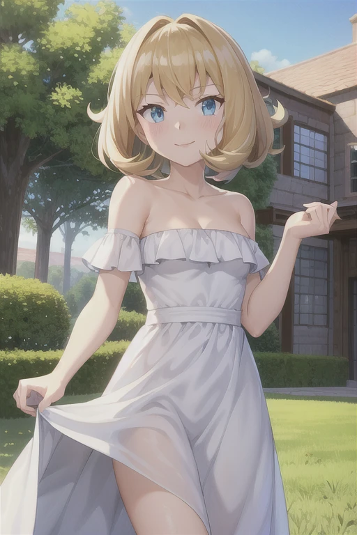 realisticlying，(from below:1.7)、flat color, anime coloring, extremely detailed CG、high resolution、absurderes、detailed background:1.3、1 girl、、( short stature:1.3、shiny skin、 small breasts、light blue casual dress、、seductive smile, arms behind back), back alley background, blond hair
