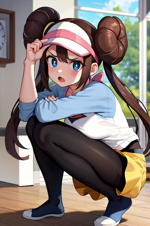 nsfw, nsfw, nsfw, angry, see throw under wear, masterpiece, highest quality, High resolution, RO1, Hair Bun, blue eyes, Twin tails, Visor Cap, pantyhose, Raglan sleeves, Yellow shorts, shirt, Pink ribbon, clock, Leaning forward, Gym, squat, 30 denier soft touch comfortable tights, See-through, squat, Leg spread, Thighs, Attractive thighs,