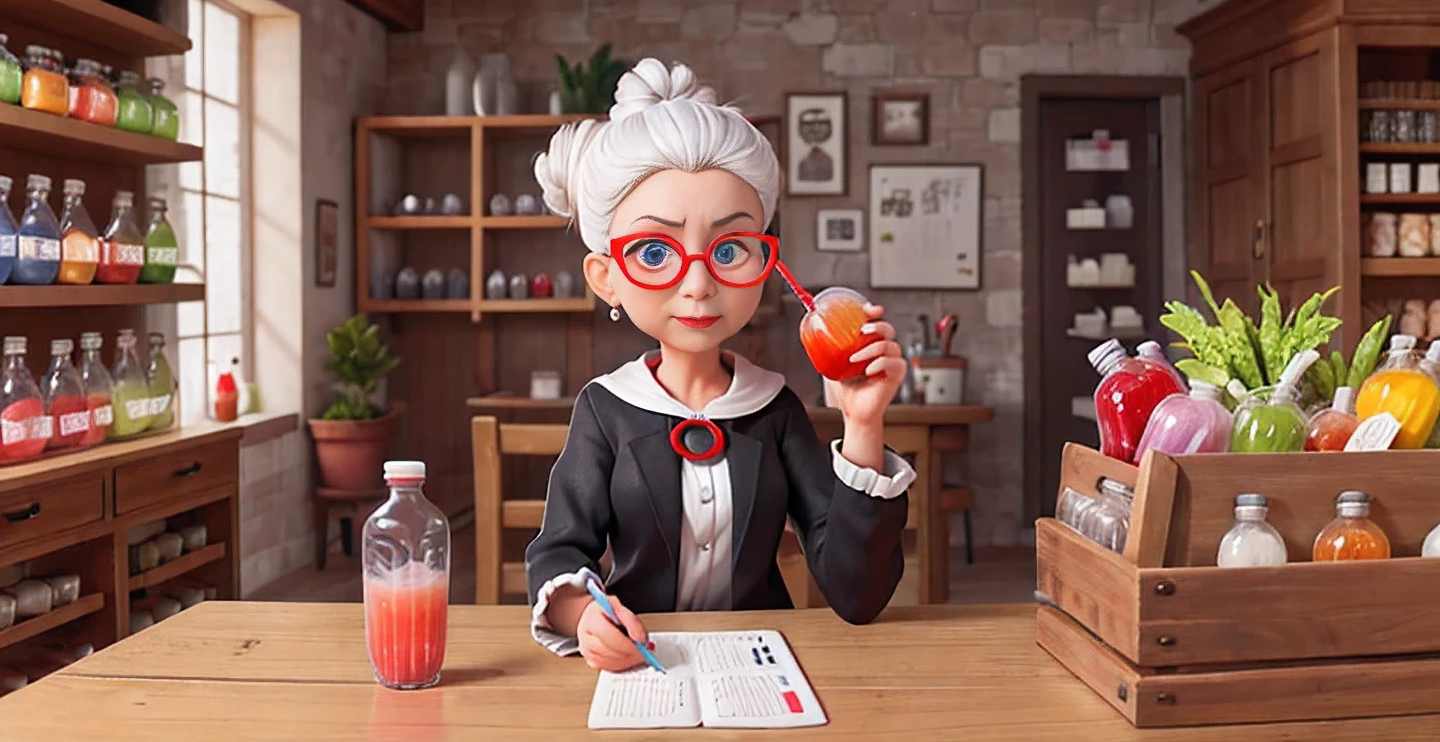 old woman holding bottled juice wearing black prescription glasses, with tightly tied white and gray bun and bright red lipstick and blue eyes, black suit, photo full of colorful bottled juices, scenery full of colorful bottled juices in a juice shop setting