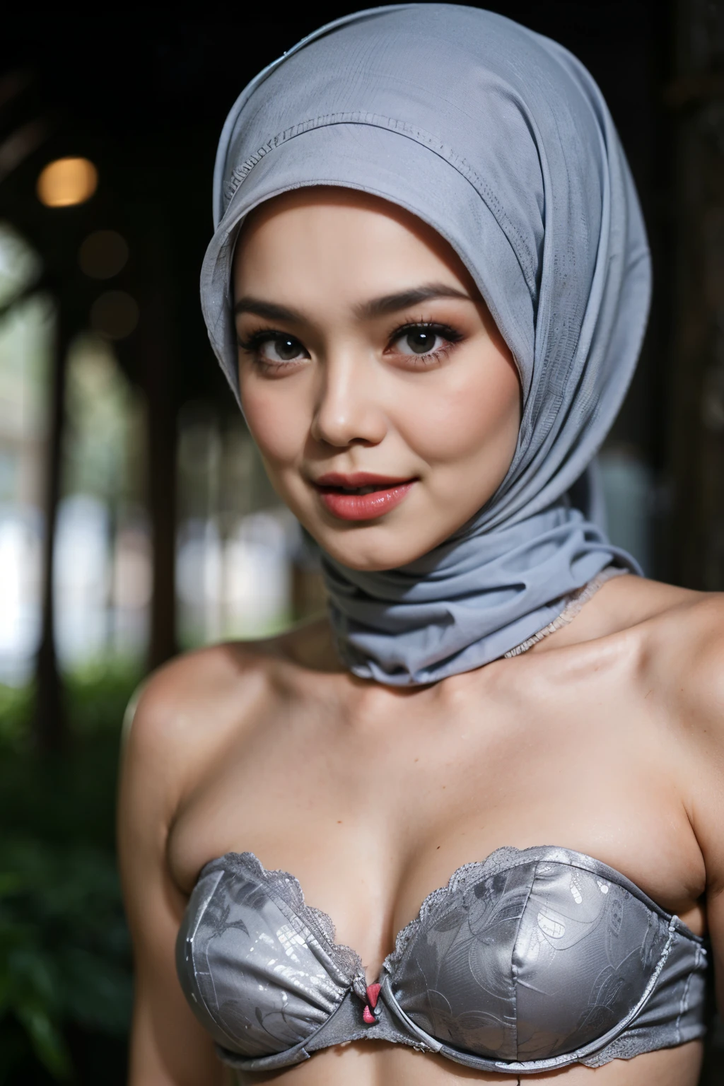 (from behind up) seductive pose, ((Flat Chest:1.2)), (Happy smile), (((HIJAB MALAY GIRL))), masutepiece, High quality, UHD 32K, Realistic face, Realistic skin feeling , A Japanese Lady, 58 years old matured lady, , Very cute and baby-like face, (((FLAT CHEST))), (Night time at forest), ((look In front at the camera and SADNESS)), (((GREY FLUORESCENT))), (((CUTE GIRL))), ((GREY FLUORESCENT LIPS)), ((Floral Pattern)) little ((wearing pastel lace strapless bra)), dark night background , black forest night, horror scary place,