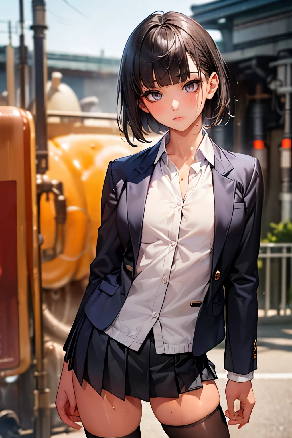 (((perfect anatomy,realistic:1.4,RAW Photography:1.4,masterpiece、highest quality、Ultra - High resolution、High resolution、Highly detailed CG、8K))),cowboy shot,1 female,solo,18 year old beauty,Japanese,((beautiful detailed face and eyes:1.3,big gorgeous eyes:1.3,gray eyes)),black hair,short bob hair,blunt bangs,,blush,(medium breasts,slender body,small head:1.3,skinny),(gleaming skin:1.4,shiny skin),((oily skin:1.7)),(School uniform、Black blazer jacket、Pleated black mini skirt,black_thighhighs),standing,spread legs:1.5,on street,Tokyo、