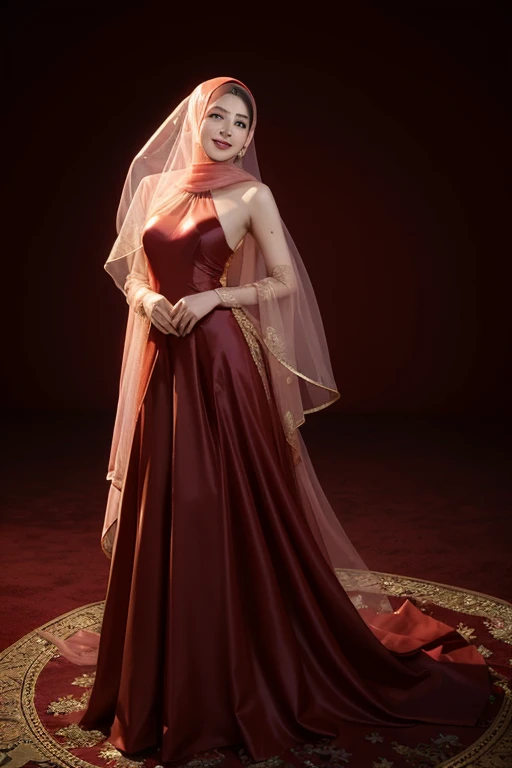 best quality, beautiful Indonesian hijab girl blood red transparent satin dress, passionate gaze with her sweet smile, dynamic perfection, smooth, sharp focus, illustration, art, facial details, 4k, heavenly palace background, brownish blue eyes