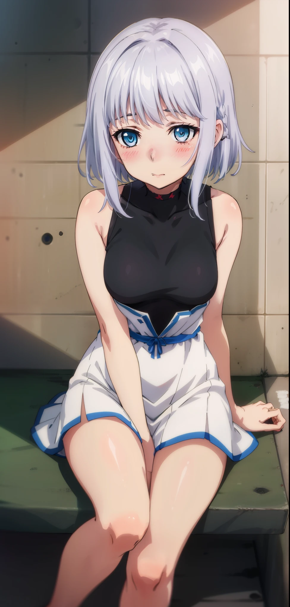 1 girl, kanon kanase,  , blush, medium breasts, sleeveless,( silver hair), sitting,  20-year-old, healthy skin.