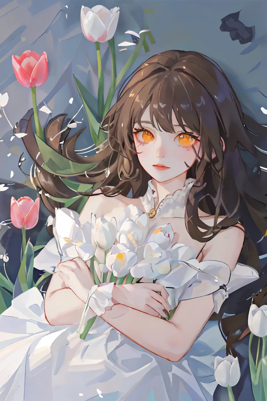 woman with long brown hair and golden eyes wearing a light blue dress in the middle of a field of white tulips