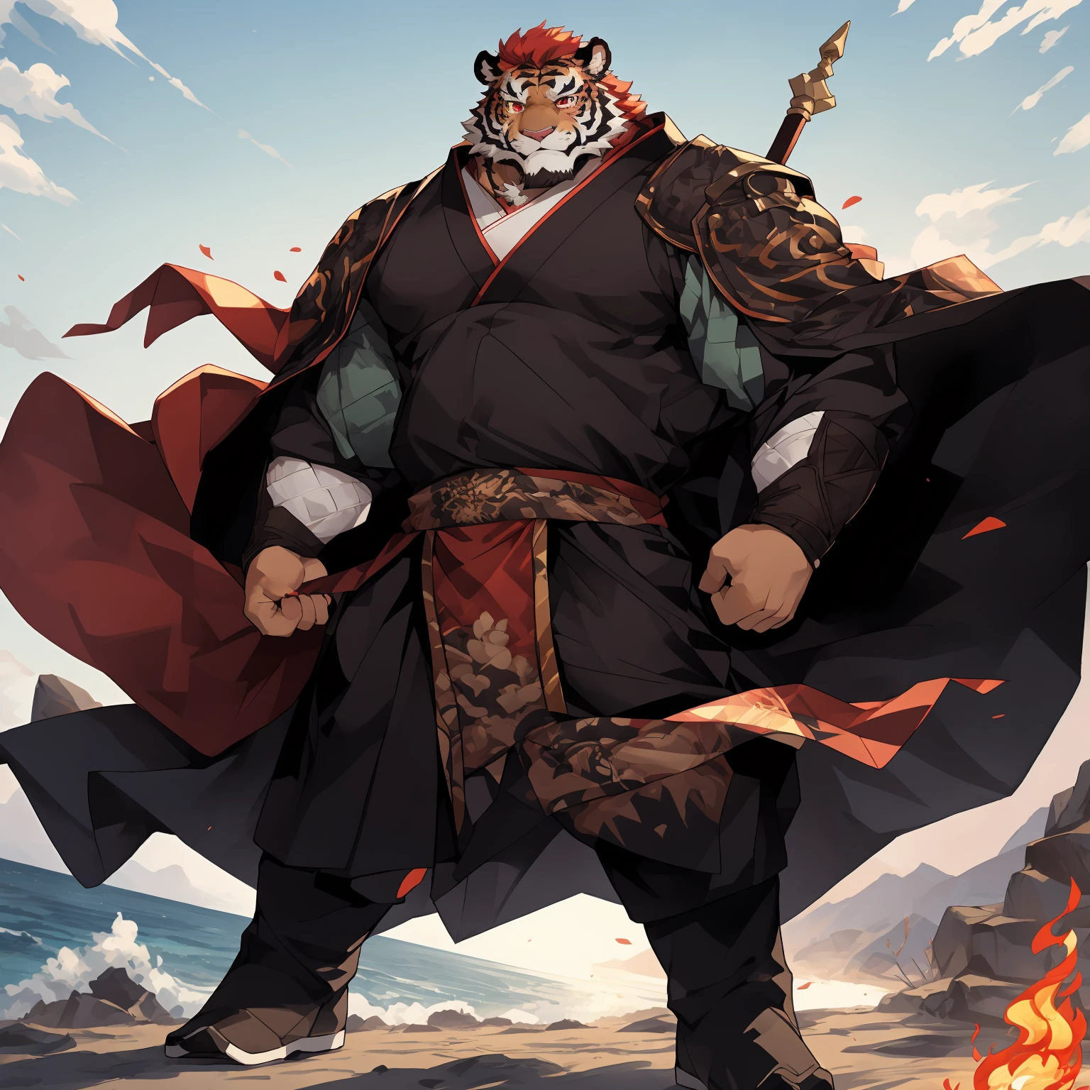 (淡红色tiger),(烈焰红General战袍),Holding a spear,Powerful gesture,Stand confidently and proudly,(The background is the endless sea:1.2),abdominal muscles,Heroic Stance飒爽,完美的masterpiece,Various facial details,Perspective from a distance,specific description,masterpiece,CG,(Pale red eyes),light green pattern,Light green tail,General,Heroic Stance,tiger,Reddish fur,Specific facial details,Half Body,(炎火General战履),(Chang Ling),((middle aged)),(Face focus),(16K),HD,Red and white belly,temple,beard,(Facial lines),Different students,(Flaming Red Battle Robe),(Light red hair),Strong,muscle,(high resolution:1.3),Weeds underfoot