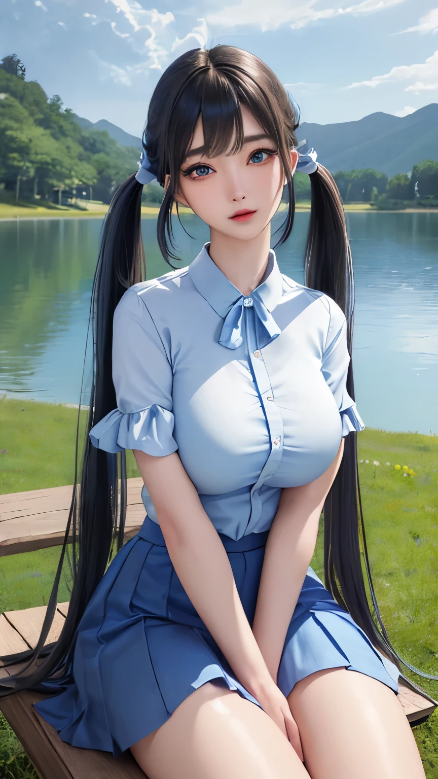 RAW, 1girl, solo, colorful, (masterpiece, best quality:1.3), (absurdres:1.3),  (photorealistic:1.3),  (detailed skin:1.3, detailed face:1.3), sitting, looking at viewer, 
sharp focus, delicate, (beautiful cute korean_girl:1.3), (ulzzang-6500:0.2),
(huge breasts:1.3, thick thighs:1.2, narrow :1.1),
(shiny skin:1.4), light smile, 
(Blue_very_long_twintails:1.3),(big_eyes:1.2, blue_eyes), (brown_gloss_eyeshadow:1.2), red_lips,
Red frilled shirt, white_suspender skirt, 
willow, wooden bench, flower, grass, lake, (cloudy sky:1.3), (rain:0.5), blossom garden, black hair, blue shirt