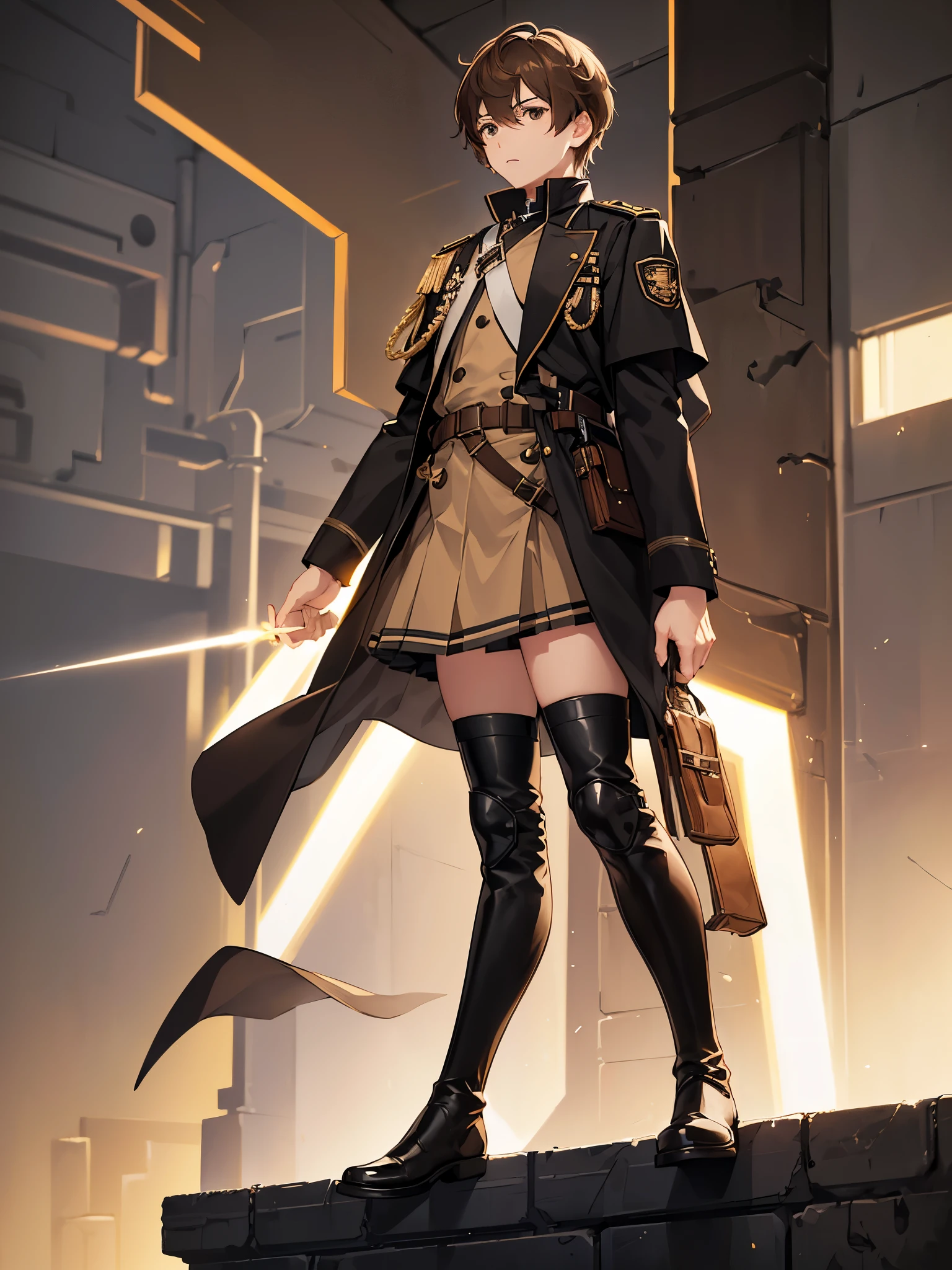 ((Full body)), (a boy), Male Characters, Beautiful boy, ((light brown hair)), ((black eyes)), ((short hair)), ((school uniform)), ((Armed shoulder strap)), ((Military belt)), ((light brown skirt)), ((long boots)), ((black jacket))