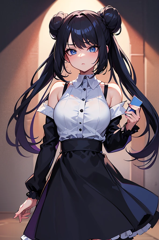 (best quality), (masterpiece), 1080p, hd, 4k, 8k,  beautiful  face, beautiful,  beautiful  hands, incredible, beautiful eyes, red black hair, bun tied hair, hair lenght to shoulder, blue eyes, long eyelashes, grey long sleeve shirt, black mid long skirt