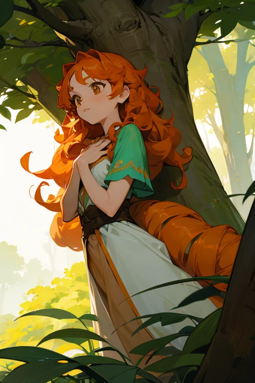 Female fairy with orange curly hair, brown eyes, in a nature environment
