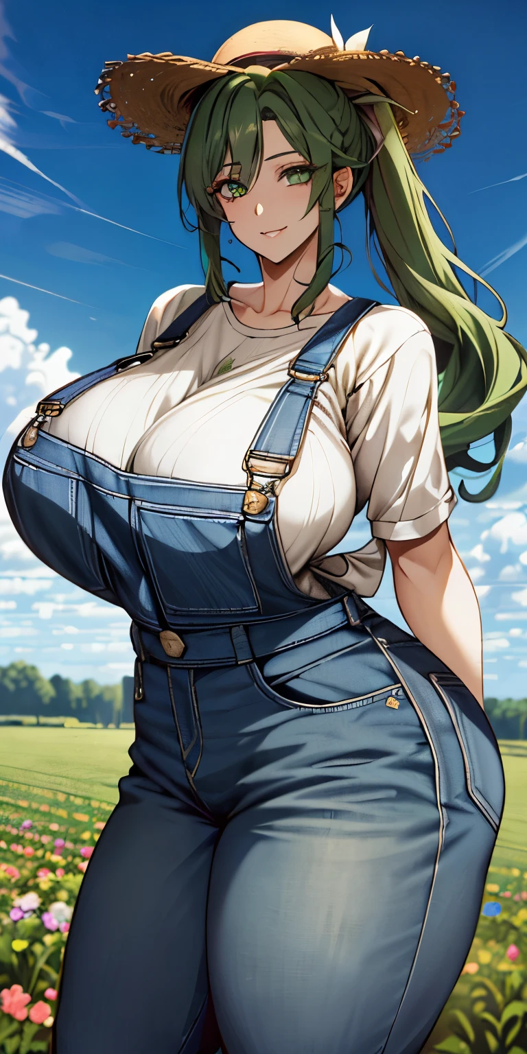 (masterpiece: 1.2), (best quality: 1.2) 1 female, , Mature, High 1.90cm, Age is about 30 years old, Green Hair, Straight Hair, Long hair with curly ends, Hair tied into a ponytail, The straw hat on her head, Light green eyes, ultra-realistic eyes, Eye Alignment, Eye-to-body ratio, Perfect eyes, Long eyelashes, anime style, Perfect face, Very feminine face, Delicate face, Ultra-realistic face, Full lips, Smile, happy Smile, Mature, Large Breasts(huge), perky bust, glowing skin, Natural body, Sexy body, Wearing farmer&#39;s overalls, Farm Style Overalls, Put your hands behind your back, Wide hips, Big Ass, Looking at the audience, Farm environment, A tomato farm in the background, Sunlight on the body, No one is standing, but she.