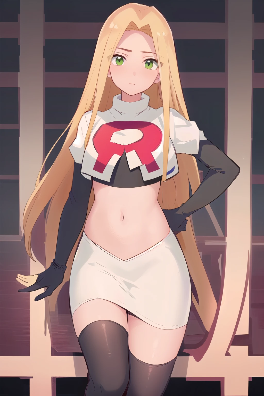 (masterpiece, best quality, high resolution:1.4), rapunzel, green eyes, (loose hair:1.3), looking at viewer, team rocket,team rocket uniform,white skirt,red letter R,crop top,black thigh-highs,black elbow gloves