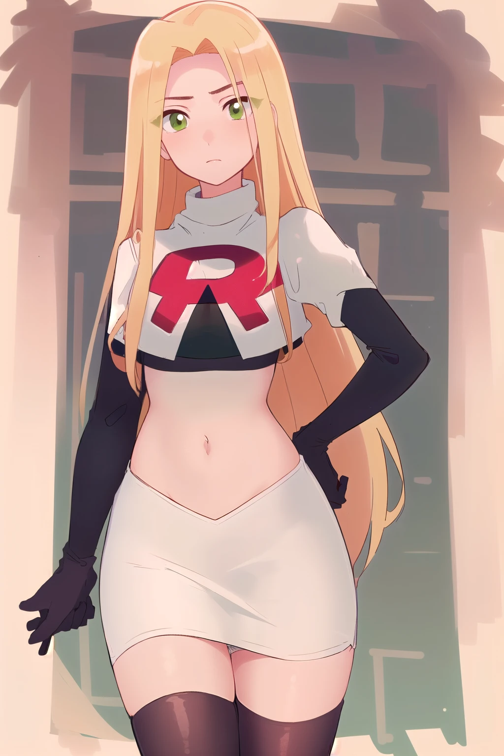 (masterpiece, best quality, high resolution:1.4), rapunzel, green eyes, (loose hair:1.3), looking at viewer, team rocket,team rocket uniform,white skirt,red letter R,crop top,black thigh-highs,black elbow gloves