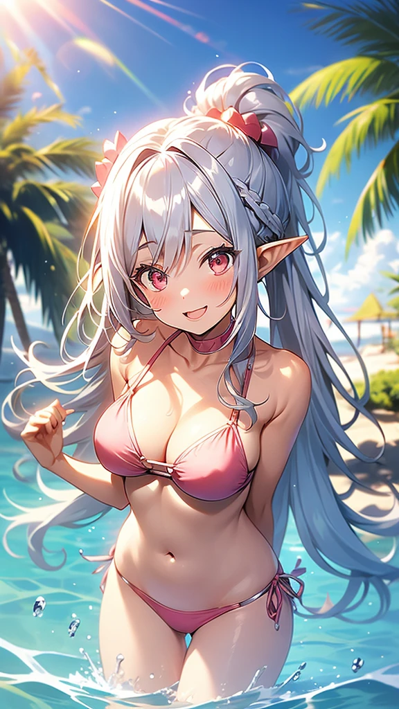 An elf woman, very dark tanned skin, beautiful silver hair, cute bikini with frills, nipple protrusions, pussy cleft, pointed ears, beautiful red eyes, pink lips, staring at the viewer, Embarrassed face, smile, open mouth, looking up at the viewer, summer sunshine, sandy beach, playing in the water, splashing water, arms folded behind head, masterpiece.