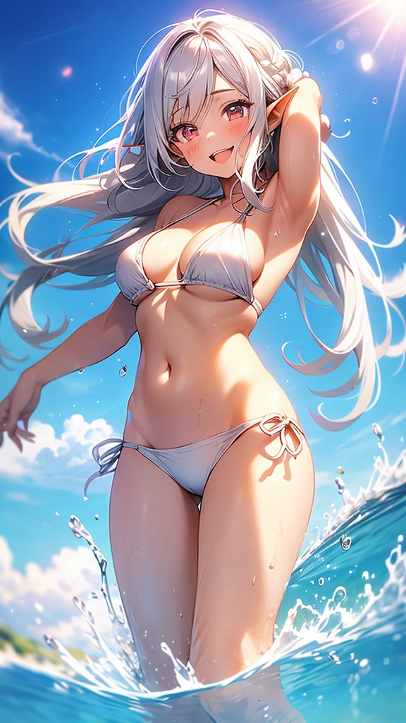 An elf woman, very dark tanned skin, beautiful silver hair, cute bikini with frills, nipple protrusions, pussy cleft, pointed ears, beautiful red eyes, pink lips, staring at the viewer, Embarrassed face, smile, open mouth, looking up at the viewer, summer sunshine, sandy beach, playing in the water, splashing water, arms folded behind head, masterpiece.