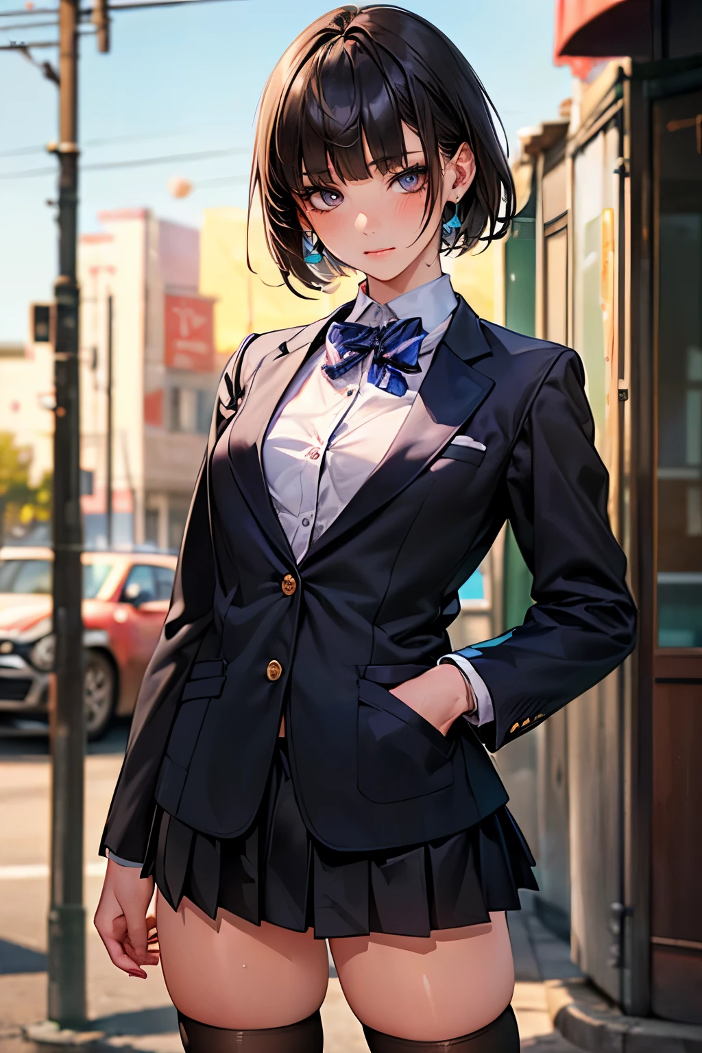 (((perfect anatomy,realistic:1.4,RAW Photography:1.4,masterpiece、highest quality、Ultra - High resolution、High resolution、Highly detailed CG、8K))),cowboy shot,1 female,solo,18 year old beauty,Japanese,((beautiful detailed face and eyes:1.3,big gorgeous eyes:1.3,gray eyes)),black hair,short bob hair,blunt bangs,,blush,(medium breasts,slender body,small head:1.3,skinny),(gleaming skin:1.4,shiny skin),((oily skin:1.4)),(School uniform、Black blazer jacket、Pleated black mini skirt,black_thighhighs),standing,spread legs:1.5,on street,Tokyo、