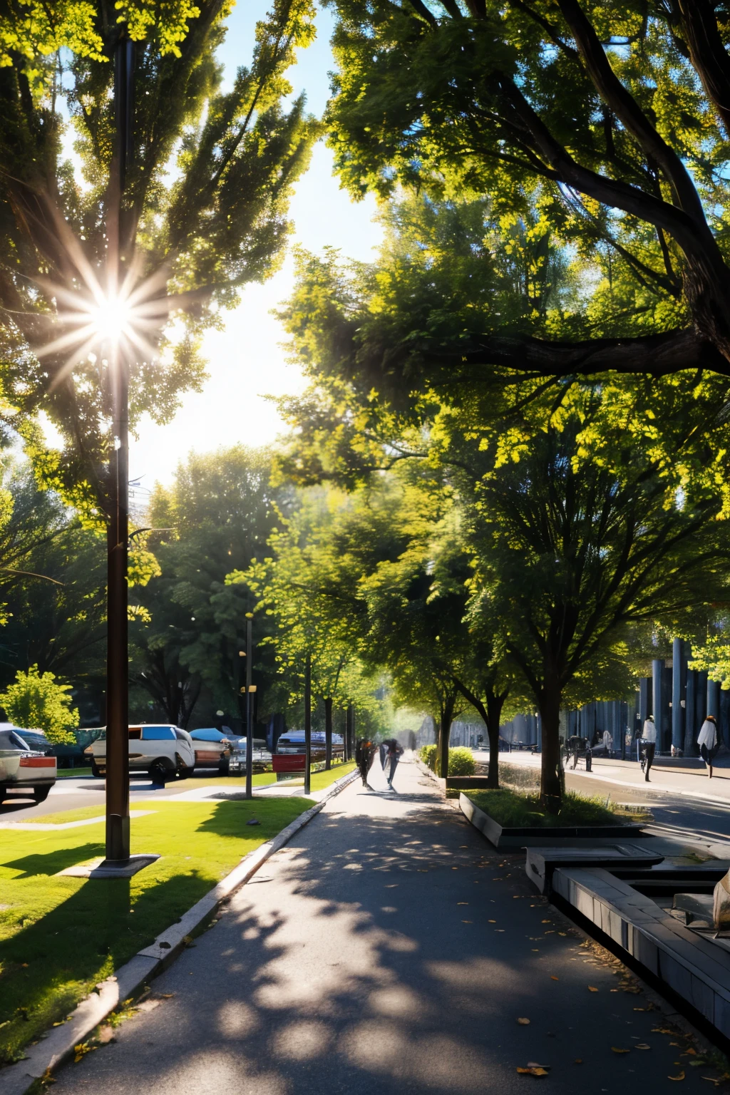 Sunlight shines through the trees onto the sidewalk in the park, Afternoon Sunshine, Sitting under the bridge, realistic Afternoon Sunshineing, nice Afternoon Sunshineing, Afternoon Sunshines, dappled Afternoon Sunshine, soft sunlight dappled, Afternoon Sunshineing, Afternoon Sunshine, Late afternoon sun, A sunny day,In the park, Late afternoon lighting, Late afternoon, with fractal sunlight, afternoon hangout, sunlight beaming down