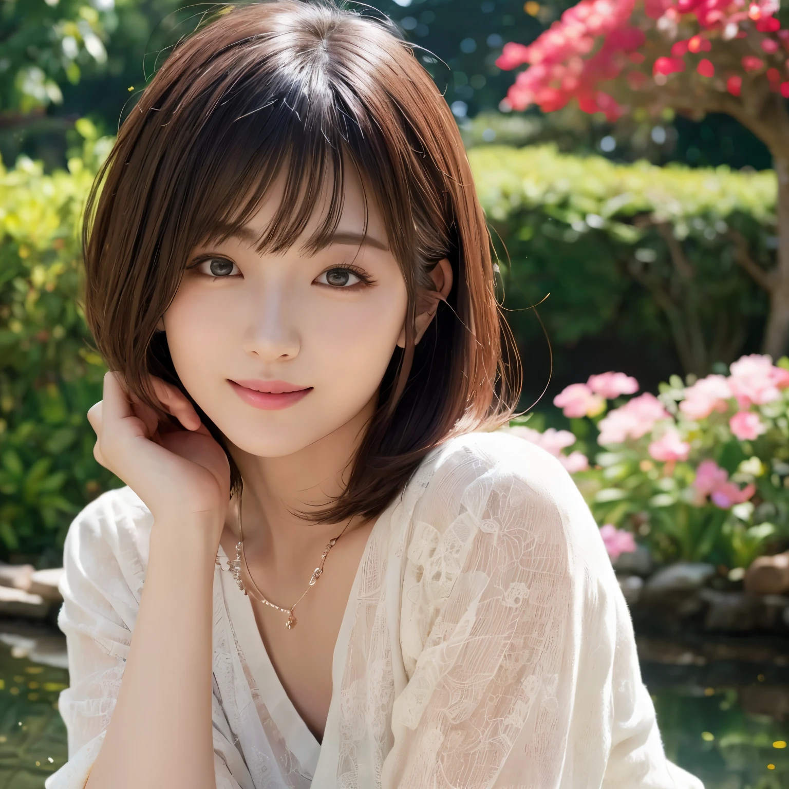 （highest quality:1.5）、(Realistic:1.5)、Tabletop、(1 person:1.5)、（Bust Shot：1.5）、Very detailed、finely、High resolution、8k wallpaper、Perfect dynamic composition、Small breasts、Natural color lip、Cute smile、Japanese women、20-year-old girl、Beautiful and elaborate face、Perfect and beautiful face、Beautiful and detailed、Big eyes、Brunette eyes、Beautiful and elaborate face、Perfect and beautiful double eyelids、Natural Bangs、Beautiful thin nose、Beautiful Skin、Maroon brown hair、Medium Bob Hair、Short Hair、Natural Bangs、Beautiful Japanese Garden、（Outdoor）、Perfect and beautiful face、Natural pose、Slim face and figure、(looking at the camera)、Bright lighting、Professional Lighting、front lighting、(Upper body shot)、A woman is standing、camellia、Spring Outfits、Simple Necklace、Natural smile、valley、
