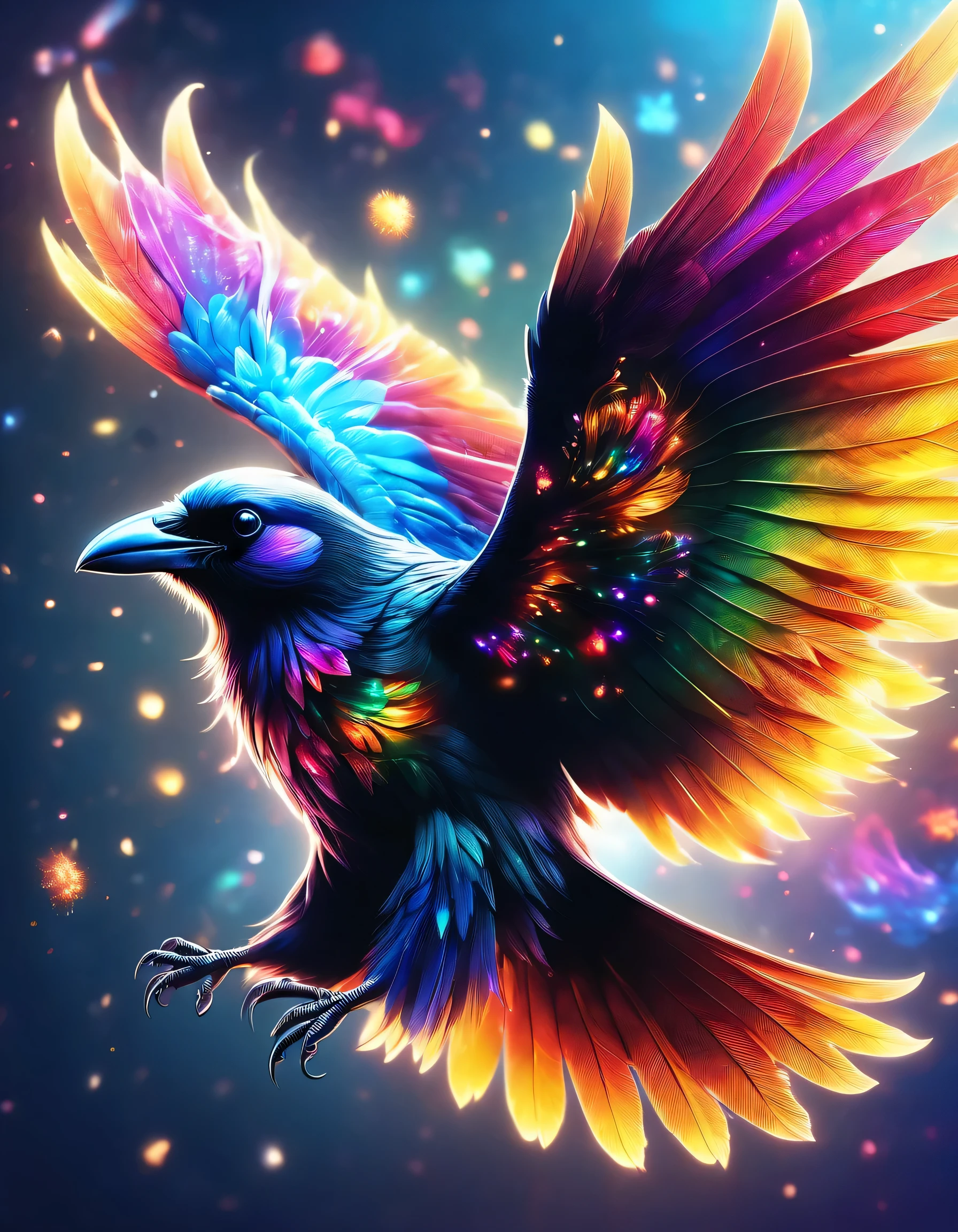 Close-up shot of a crow,masterpiece,best masterpiece,highest quality,rendering,rich colors,Cast a colorful spell,dream-like,Detailed details,In detail,,bright colors,Beautiful light and shadow,magic,dream-like,Inspiration,beautiful,rendering,colorful,wonderful,particles of light,get used to it,masterpiece,best masterpiece,Art work using light,Artistic,get used to it,