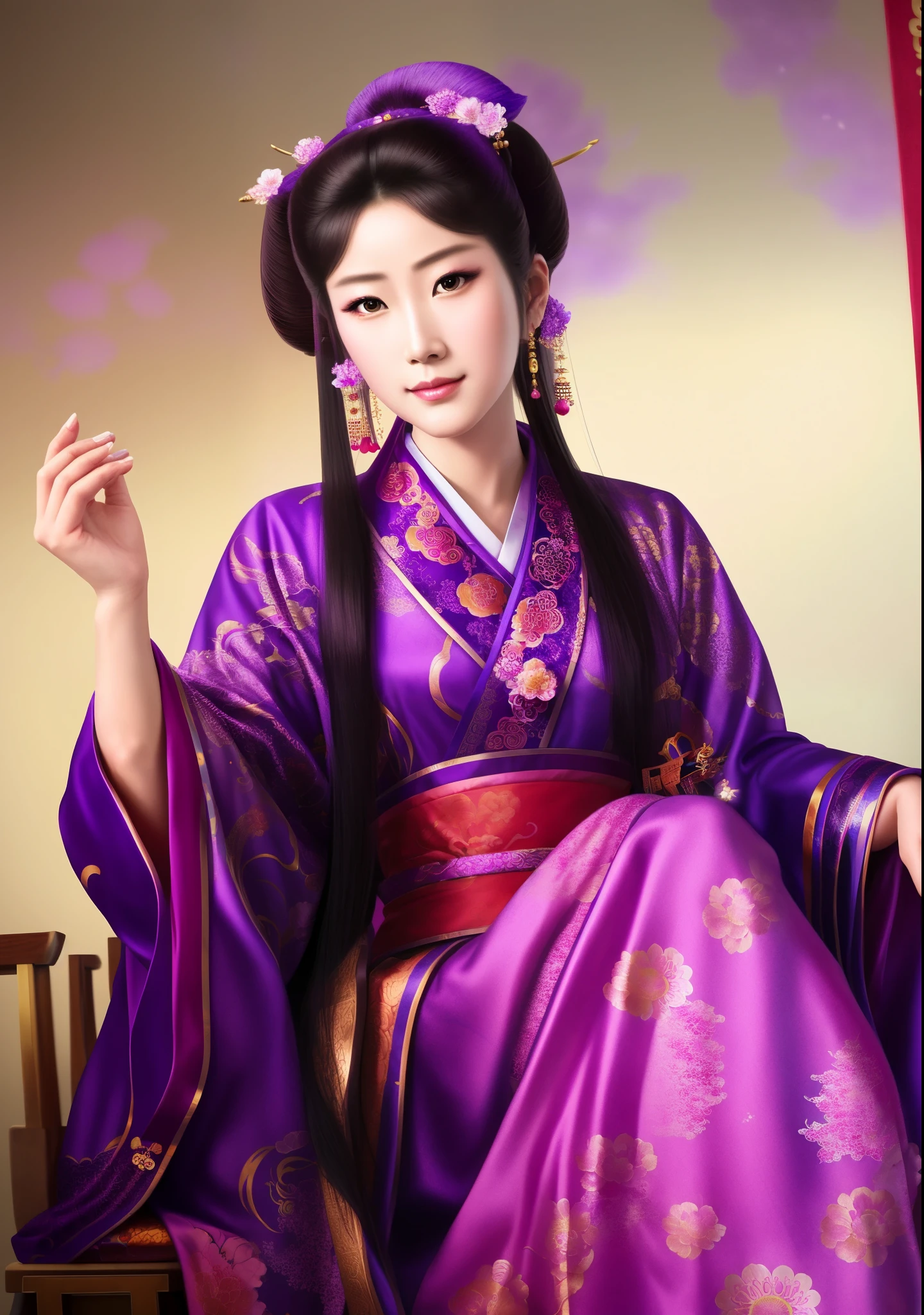 arafed woman in a purple kimono sitting on a chair, beautiful character painting, a beautiful fantasy empress, palace , a girl in hanfu, inspired by Lan Ying, ancient chinese princess, inspired by Li Mei-shu, chinese princess, inspired by Ju Lian, inspired by Wu Li, inspired by Li Tang, inspired by Qiu Ying, inspired by Pu Hua
