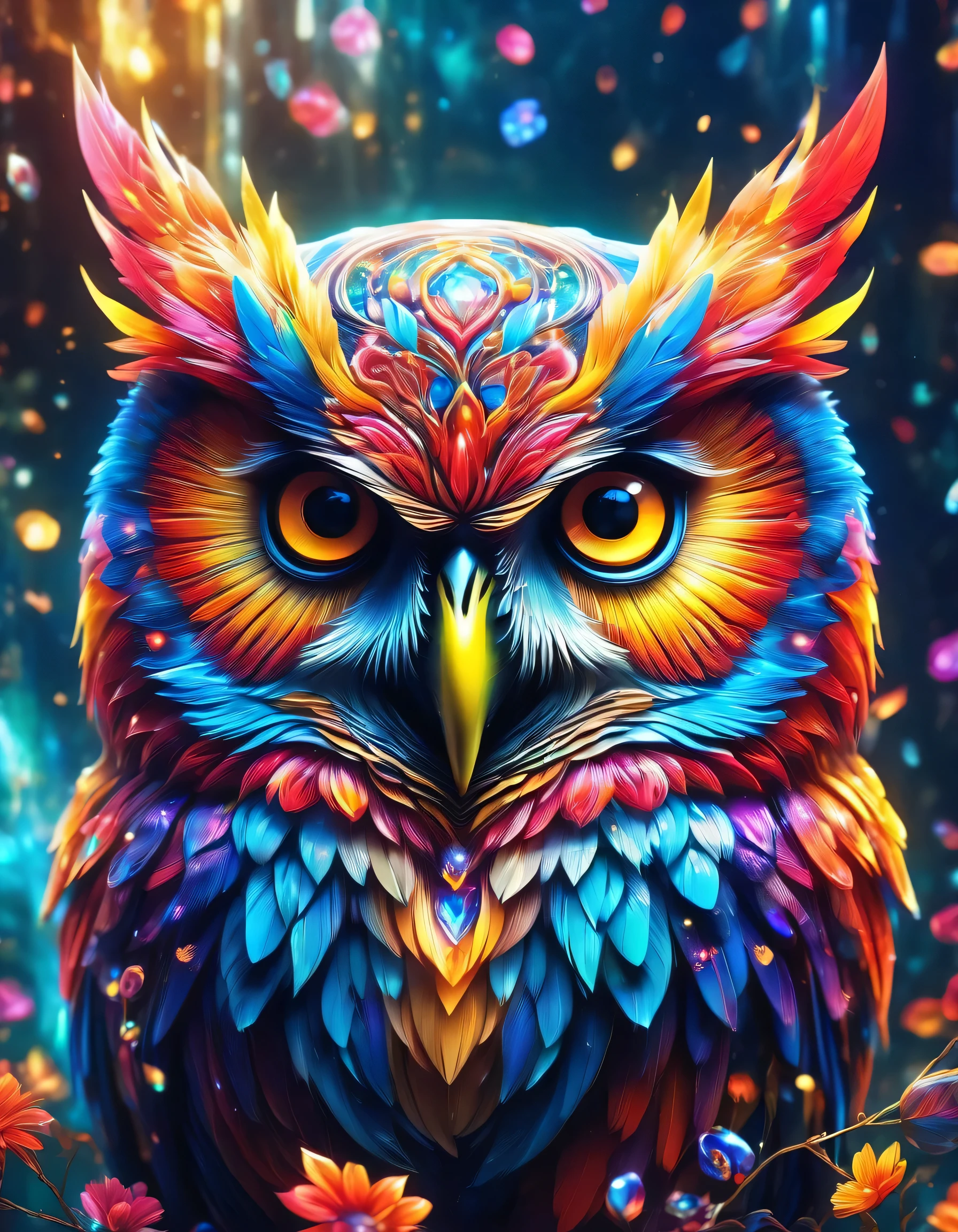 Close-up shot of an owl,masterpiece,best masterpiece,highest quality,rendering,rich colors,Cast a colorful spell,dream-like,Detailed details,In detail,,bright colors,Beautiful light and shadow,magic,dream-like,Inspiration,beautiful,rendering,colorful,wonderful,particles of light,get used to it,masterpiece,best masterpiece,Art work using light,Artistic,get used to it,