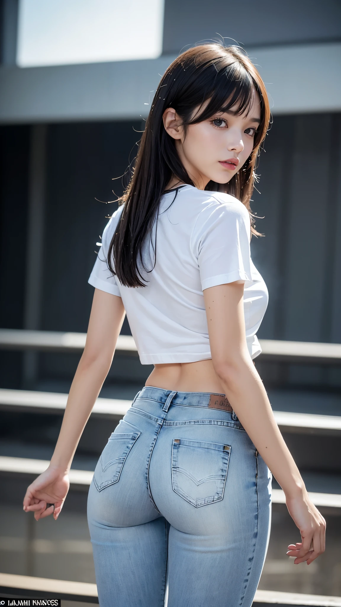(((Backwards:2.0, Face your buttocks towards the camera:2.0, Accentuate your butt:2.0))), ((Wet with water:2.0)), ((Clothing:1.8)), (((Semi-transparent white denim pants:1.8, Fullback panties:2.0, Long blue T-shirt:2.0))), 1 Girl, solo, Bobcut, A grin, 18-year-old, 7 heads, Ideal body proportions, Black Hair, With bangs, Small breasts, slender, Small ass, Beautiful feet, Skinny Legs, Surrealism, Cinematic Lighting, Depth of written boundary, First Person View, F/1.8, 135mm, Ticker, Mastepiece, Curate, ((Anatomically correct:1.3)), Textured skin, Super Detail, High detail, High quality, Awards, Best Quality, High resolution, 8K