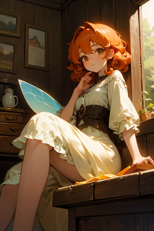 Female fairy with orange curly hair, brown eyes, in a cottage setting
