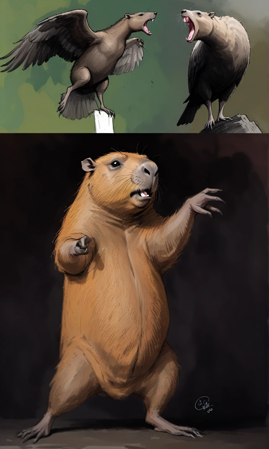 wordless, sketch, webcomic, simple, minimal, capybara dancing overjoyed whimsy a vile stanky boogie dance, utterly smiling, oblivious to the ominous, sinister and insatiable duo ( Black Vulture, and Caracaras) waiting behind the dancing capybara, cinematic poster, strange, hyper maximal, hand drawn expressive ink, cel shading, inverse, negative coloring, rich color grading, darkness, abyss,
