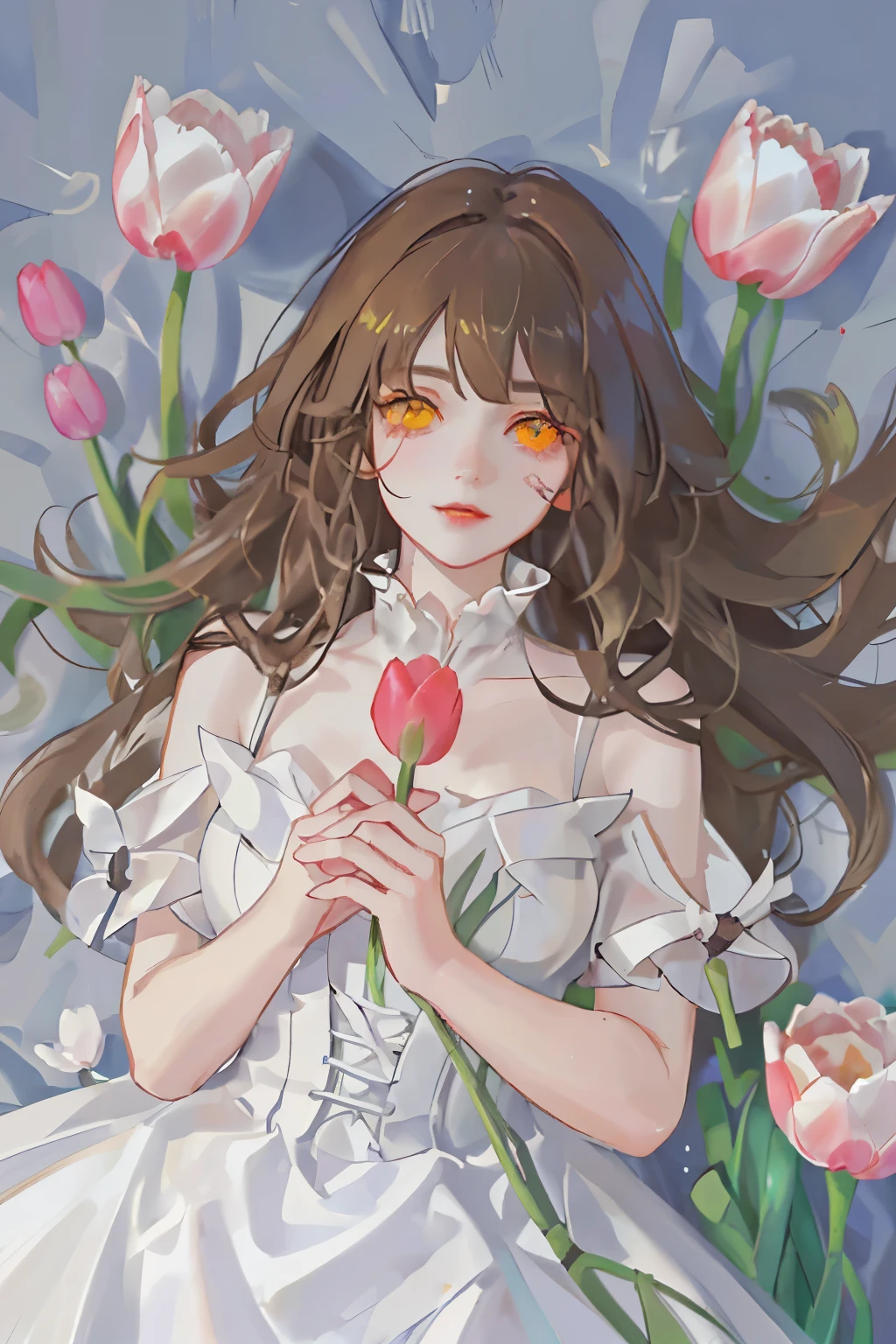 woman with long brown hair and golden eyes wearing a light blue dress in the middle of a field of white tulips