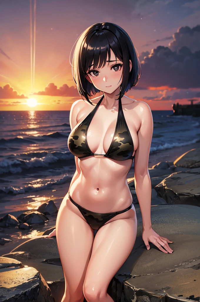 high resolution 8k, bright light illumination, lens flare, sharpness, masterpiece, top quality, the ultra the high definition, high resolution, extremely details cg, anime style, film portrait photography, 1woman, beautiful women, full body, (((black eyes, short bob hair, black hair))), ((woman wearing halter necked bikini)), ((camouflage bikini, high waist camouflage bikini)), woman in the sunset beach, sunset sky, (natural skin texture vibrant details, hyper realistic)