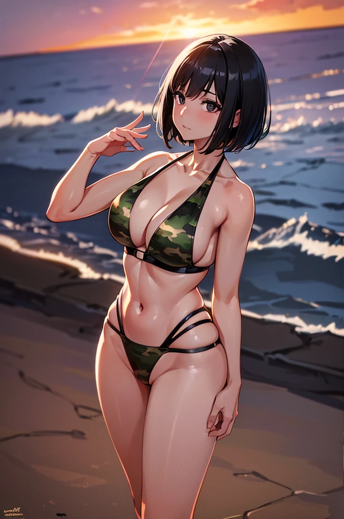 high resolution 8k, bright light illumination, lens flare, sharpness, masterpiece, top quality, the ultra the high definition, high resolution, extremely details cg, anime style, film portrait photography, 1woman, beautiful women, full body, (((black eyes, short bob hair, black hair))), ((woman wearing halter necked bikini)), ((camouflage bikini, high waist camouflage bikini)), woman in the sunset beach, sunset sky, (natural skin texture vibrant details, hyper realistic)