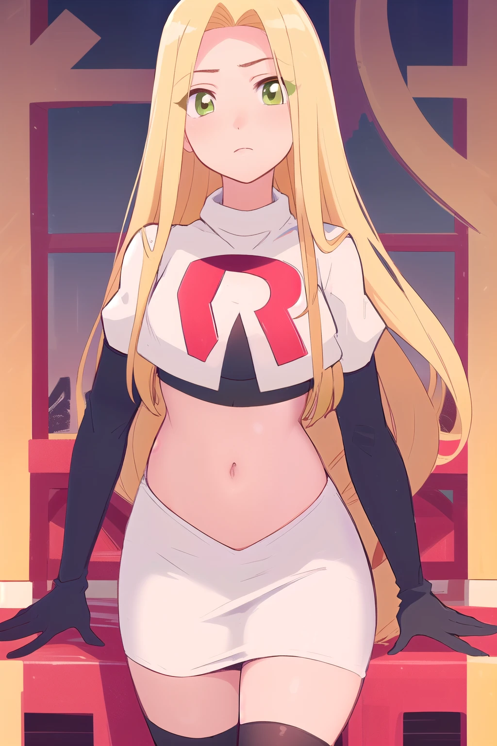 (masterpiece, best quality, high resolution:1.4), rapunzel, green eyes, (loose hair:1.3), looking at viewer, team rocket,team rocket uniform,white skirt,red letter R,crop top,black thigh-highs,black elbow gloves