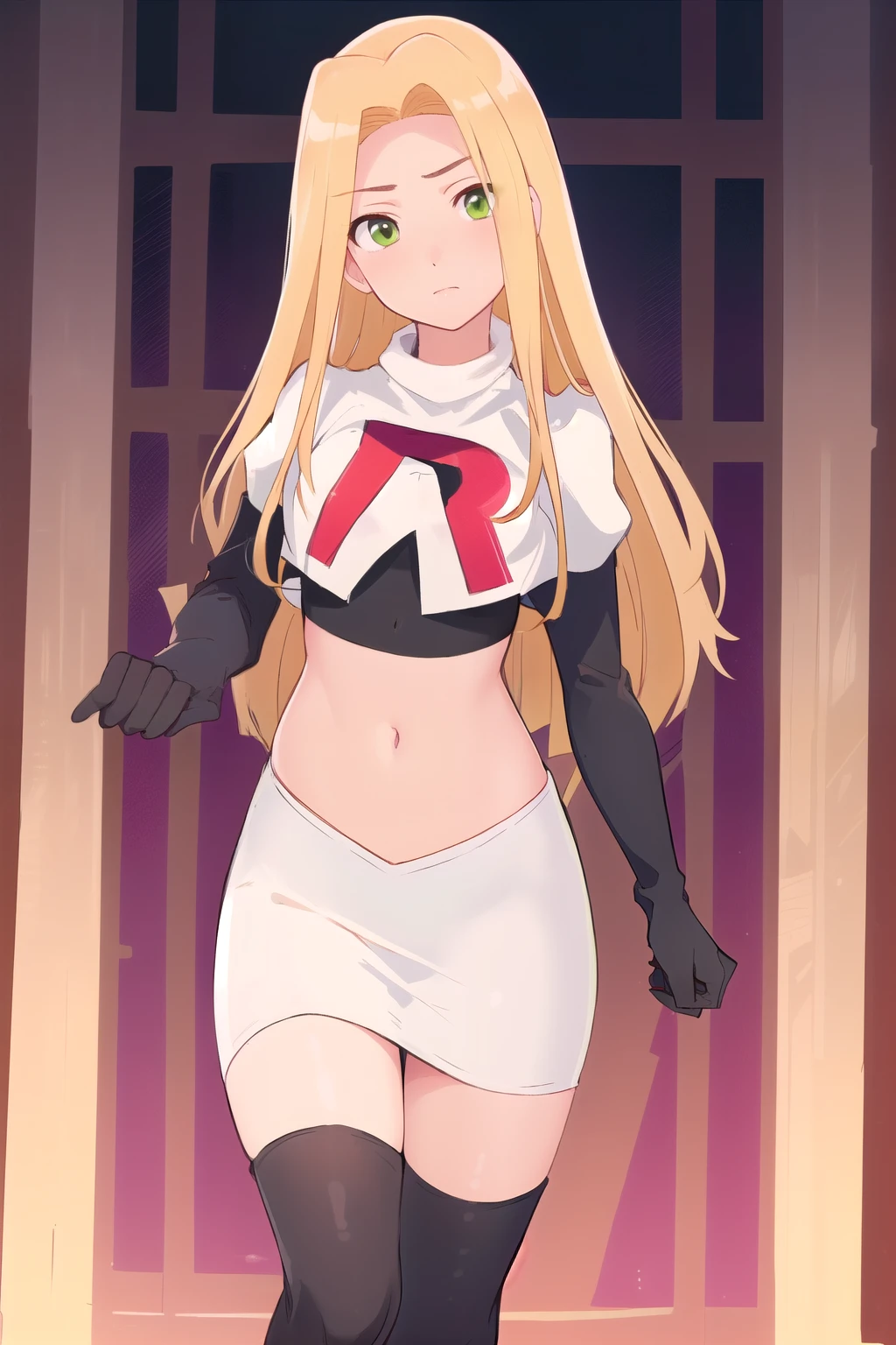 (masterpiece, best quality, high resolution:1.4), rapunzel, green eyes, (loose hair:1.3), looking at viewer, team rocket,team rocket uniform,white skirt,red letter R,crop top,black thigh-highs,black elbow gloves